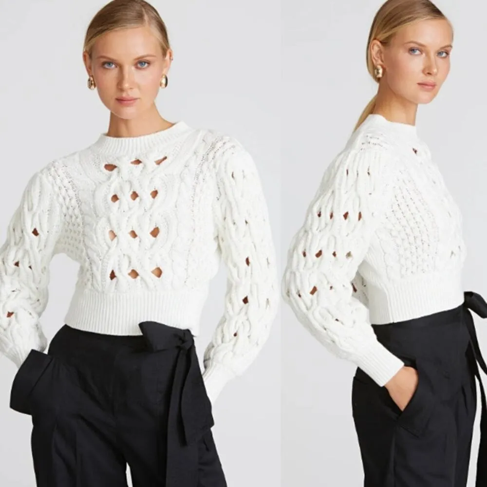 AMUR Cynthia Cotton Puffed Sleeve Cable Crochet Knit Sweater White Womens Size M - Image 2