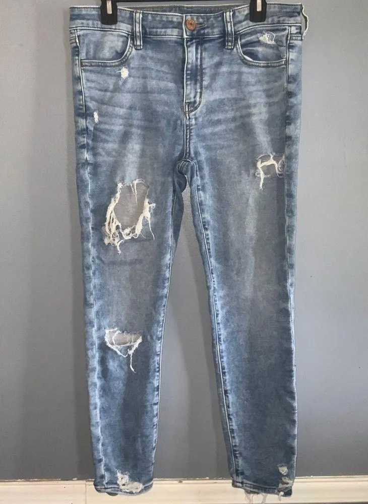 American Eagle Next Level Stretch Crop Jegging Distressed Ripped Blue Jeans 10 - Image 2