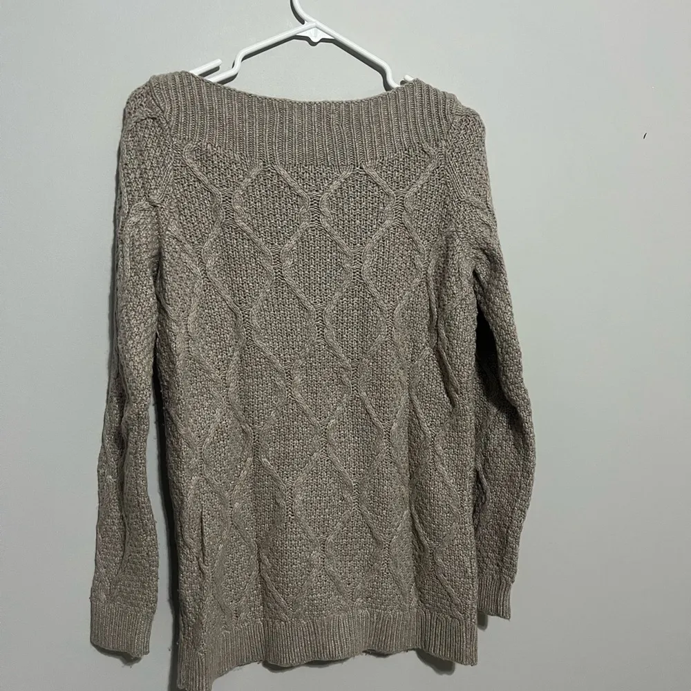 Loft  Long Sleeve Boat Neck Sweater  Beige Cable Knit Solid Casual Medium - Image 5