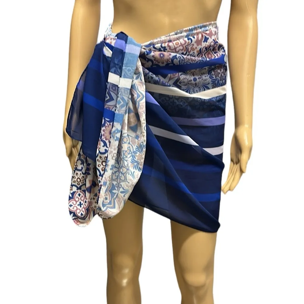 Blue White Long Rectangular Sarong Shawl Blanket Scarf Wrap 27 x 64 Inches - Image 3