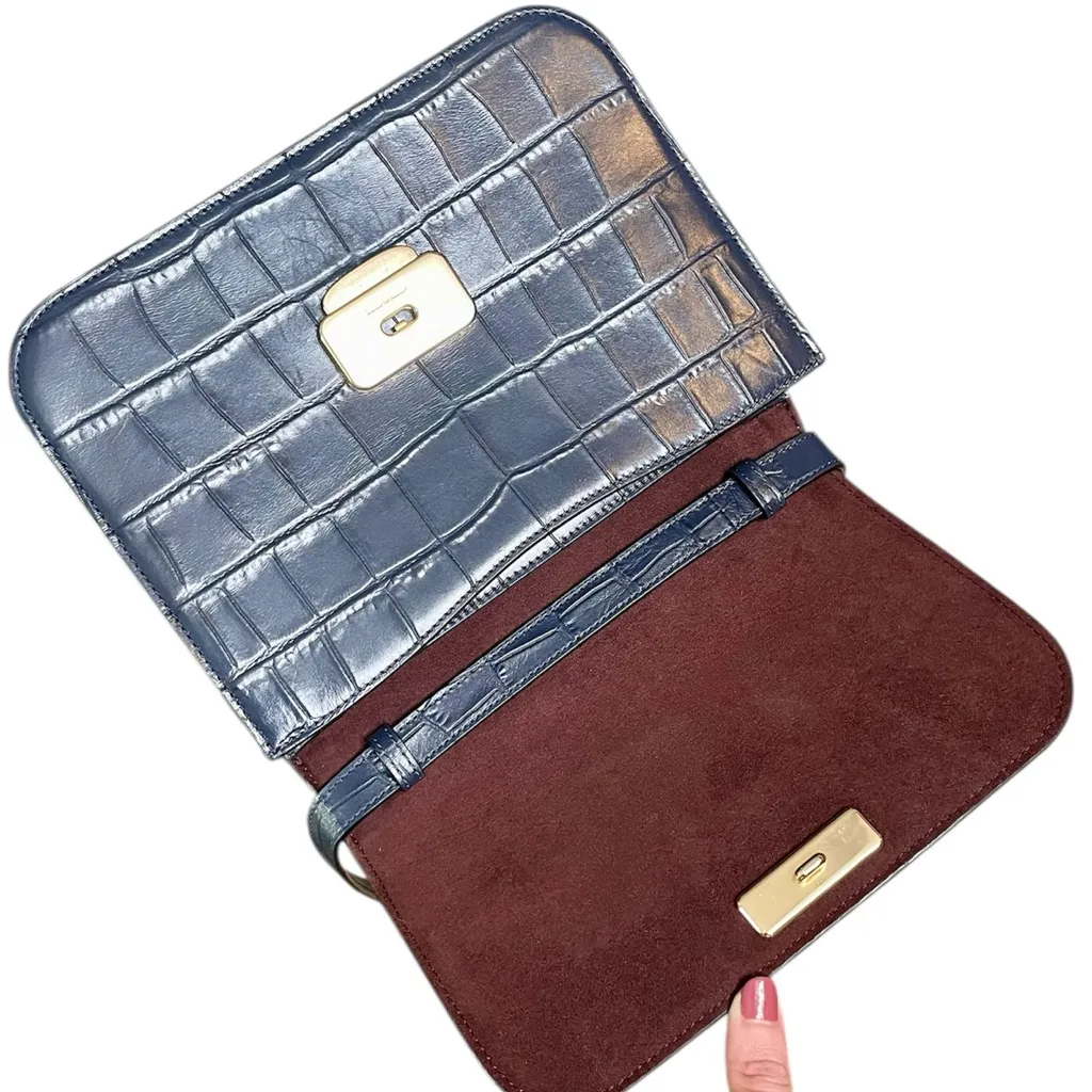 Coach C5631 Midnight Blue Croc Embossed Brynn Flap Crossbody Bag Suede Interior - Image 4