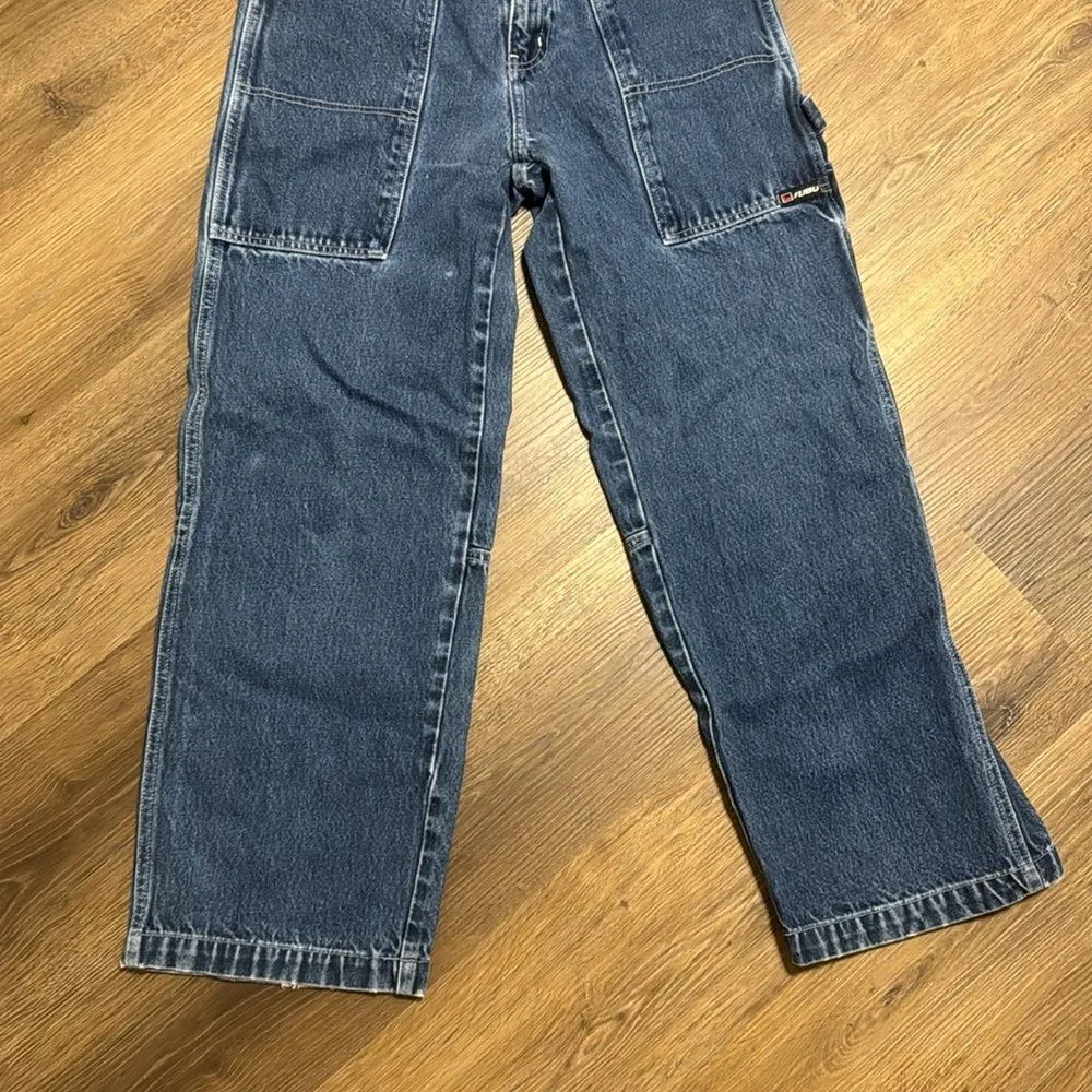 Vtg fubu 90s carpenter baggy cargo style denim jeans size 16 28” across - Image 4