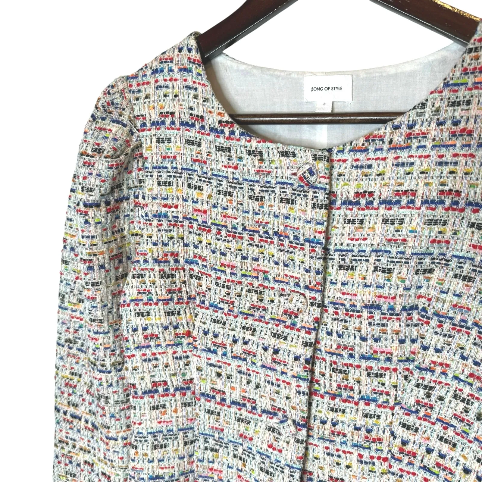 Song of Style Elma Rainbow Tweed Blazer Jacket Top Puff‎ Sleeve Pink - Image 3