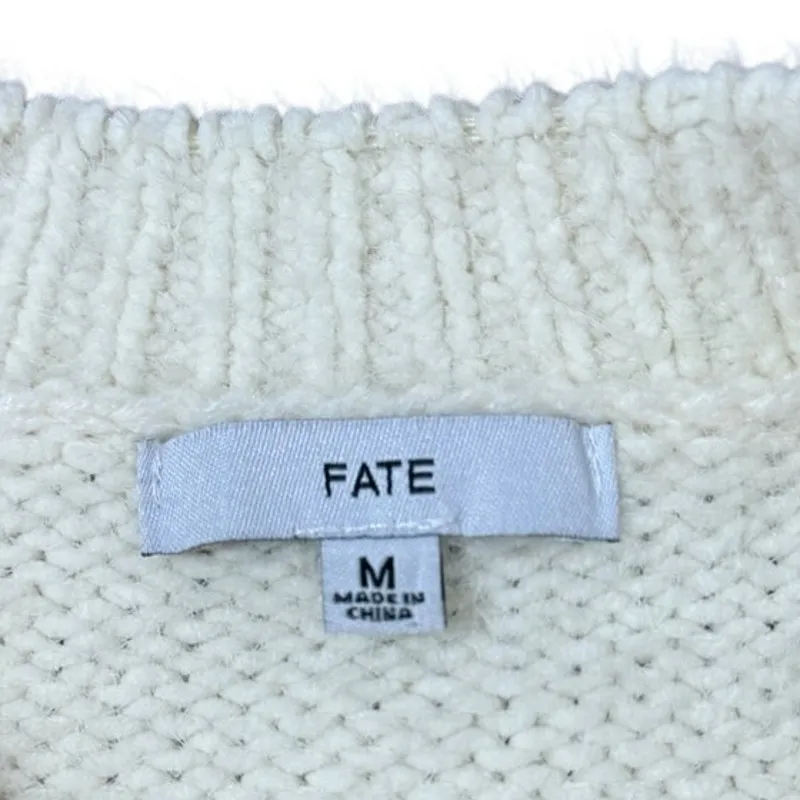 Fate Crewneck Chunky Knit Sweater Textured Lace Detail Sleeves Size Medium White - Image 4