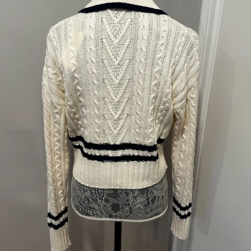 NWT Pink Rose Preppy Cream & Navy  Cable Knit Collared Cardigan. Ribbed Hem XS. - Image 14