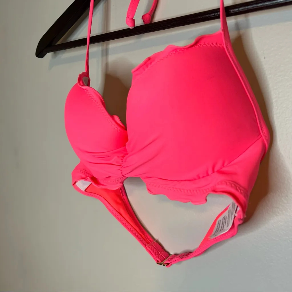 Hobie Neon Hot Pink Bikini Top Solids Push Up Ruffled Underwire Halter Medium - Image 4