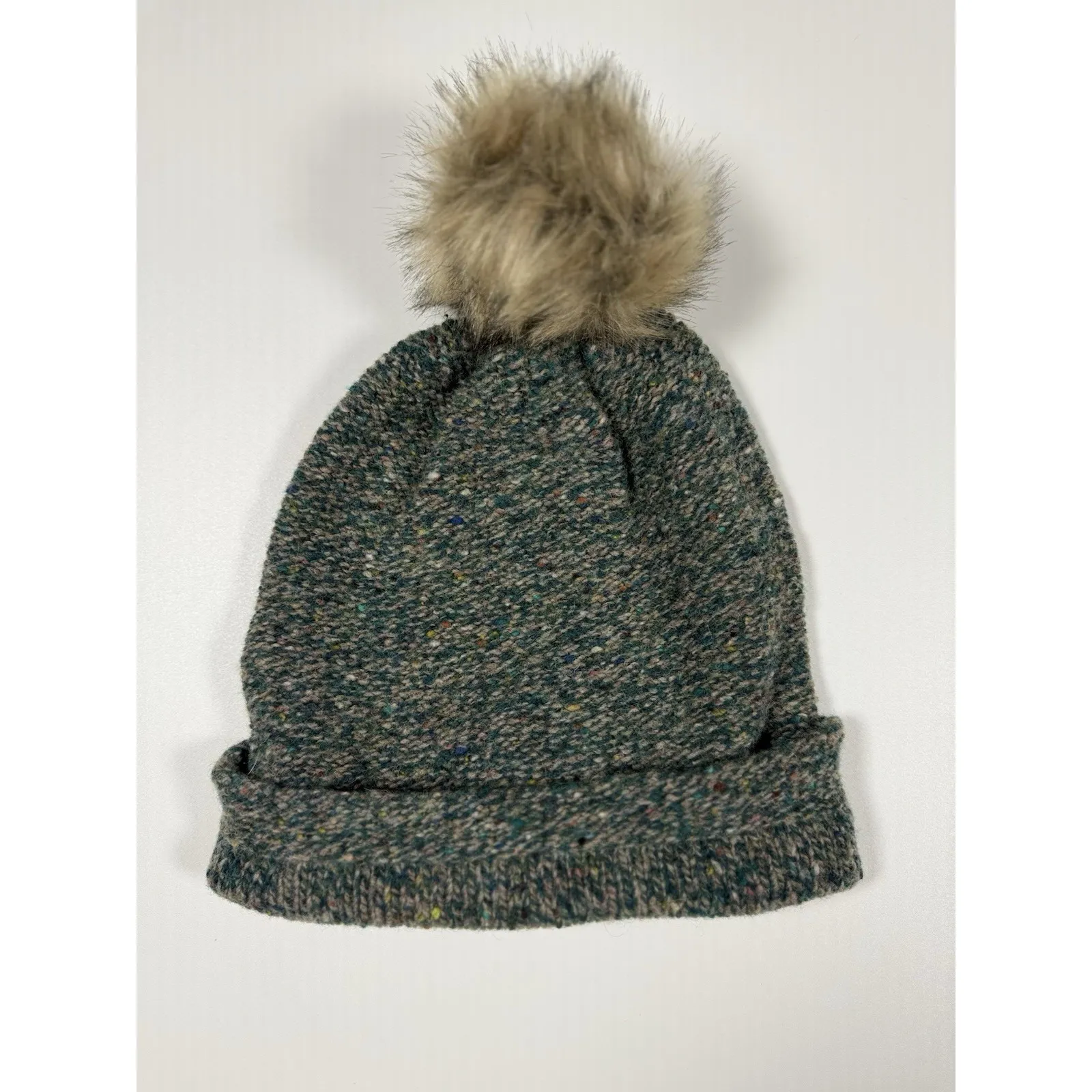 Madewell Lamb Wool Faux Fur Pom Pom Midnight Green Knit Beanie‎ Women One Size - Image 9