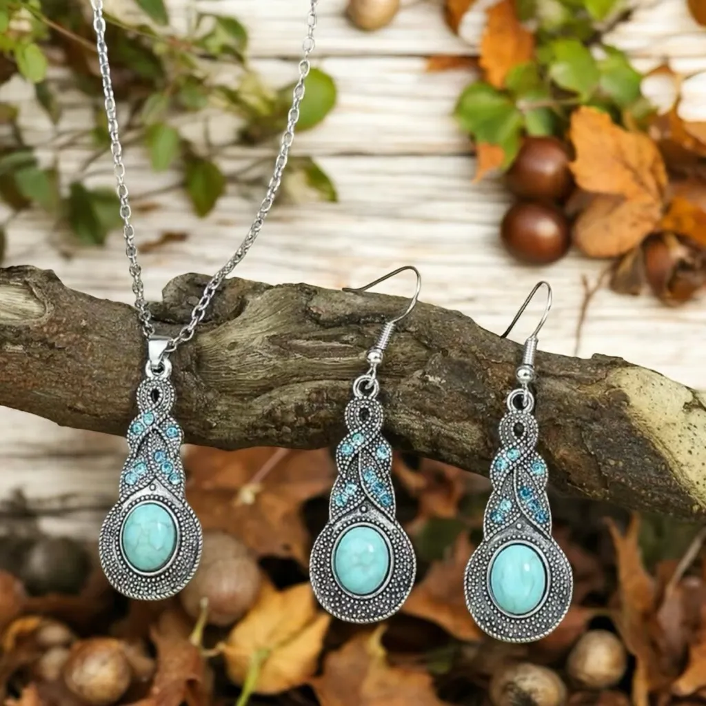 Bohemian turquoise Inlaid necklace & earrings set faux fashion jewelry‎ - Image 2