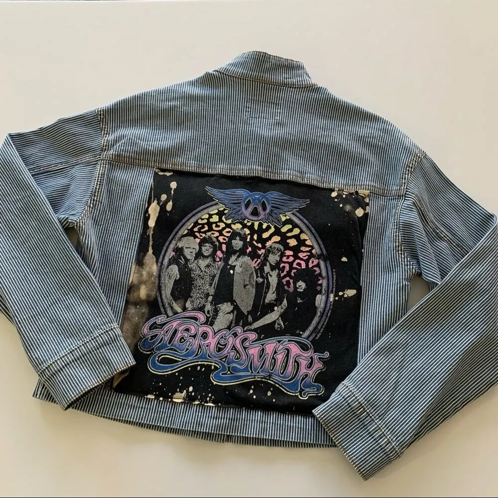 Via Penny Lane Reworked Apparel | Aerosmith Graphic Denim Jacket XS Blue - Image 8