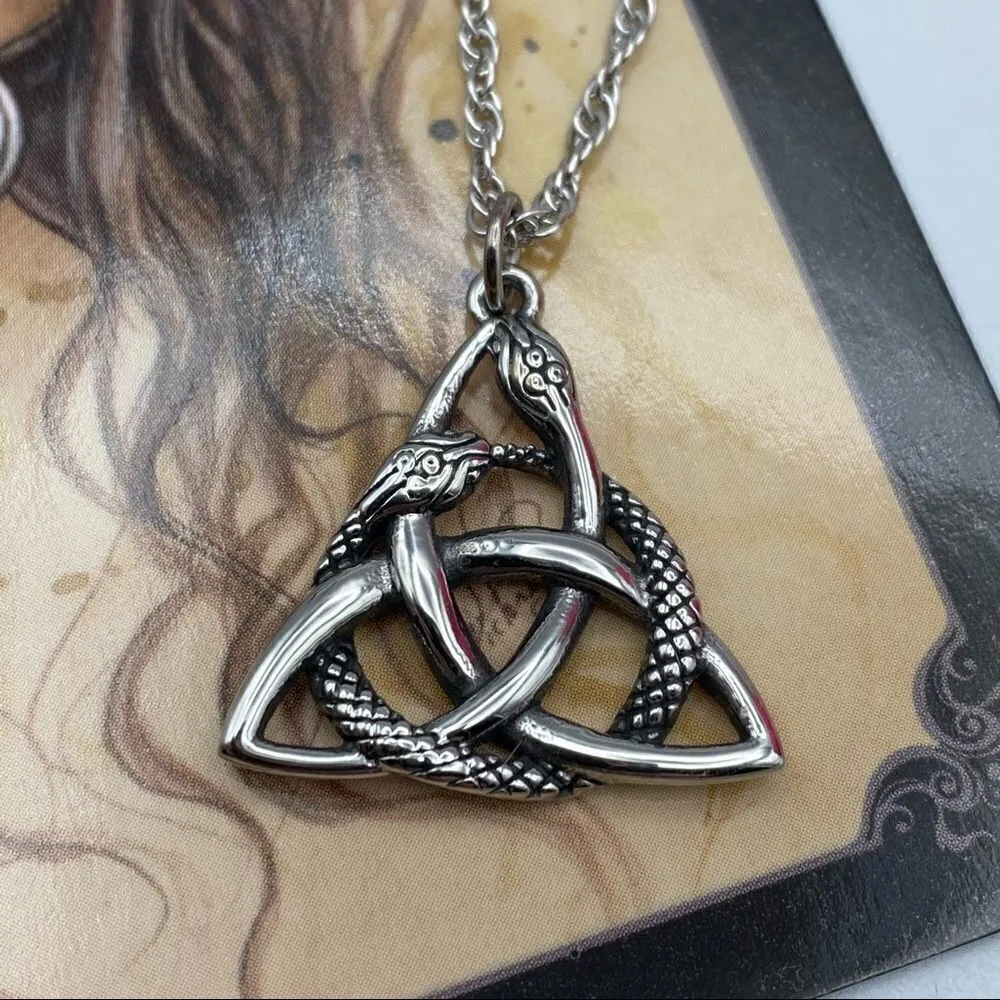 Stainless Steel Celtic Knot Serpents Necklace Silver - Image 4