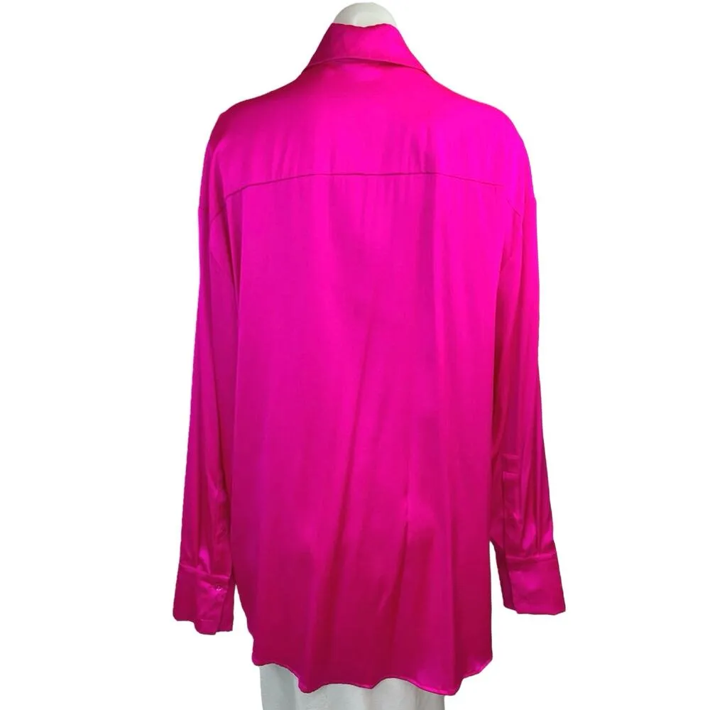Retrofete Fuchsia Pink 100% Silk Satin Long Sleeve Button Up Blouse Shirt Top XS - Image 4