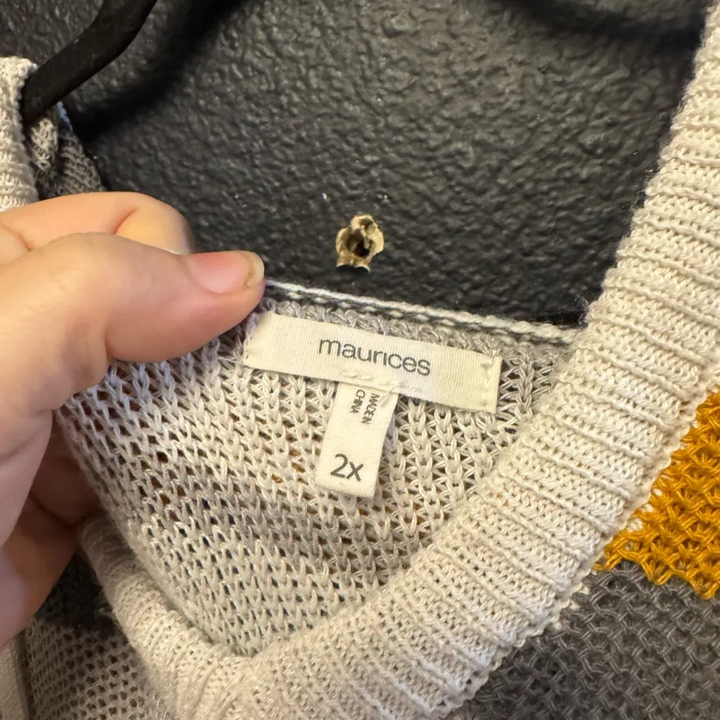 Maurices V-Neck Cable Knit Sweater with Cream, Gray, and Gold Stripes Size 2X - Image 2