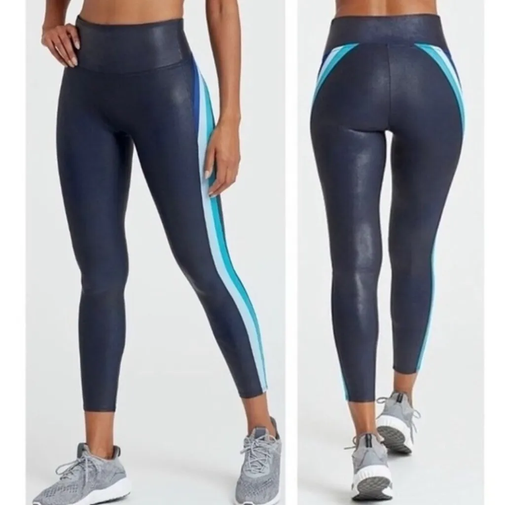 SPANX Women‎ Navy Blue Faux Leather Leggings Sz M with Blue and Teal Stripes 7/8 - Image 2