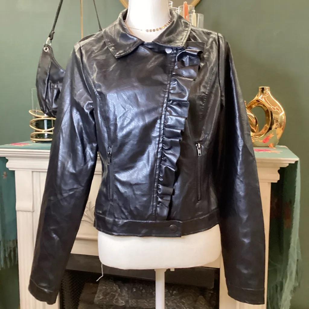 Wishful Park Black Faux Leather Jacket‎ with Ruffles - Image 2