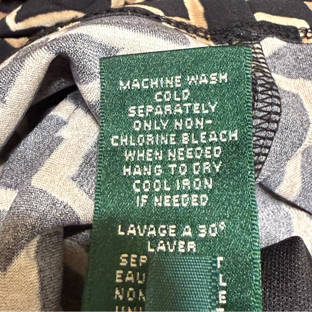 Lauren Ralph Lauren Geometric Print Sheath Dress Black Tan Ruched Size 12 - Image 8