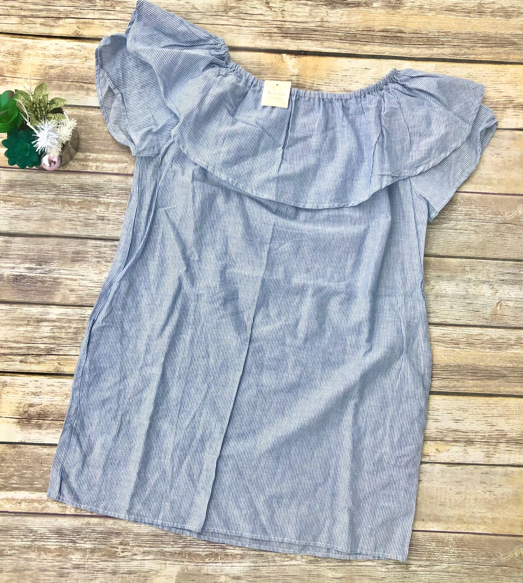 Blue & White Striped Off Shoulder Ruffle Dress - Image 6