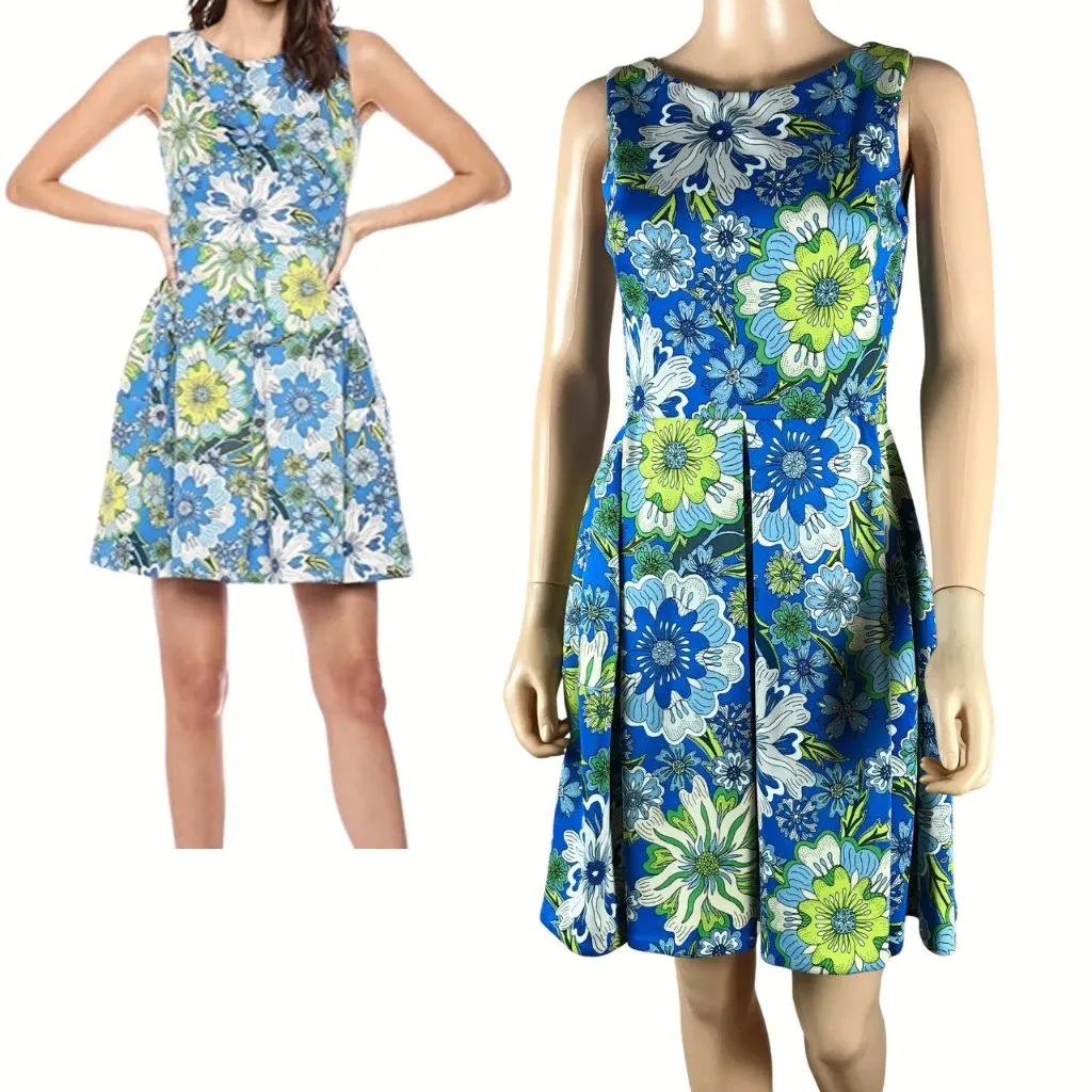 TAYLOR Blue Green Floral Fit and Flare Scuba Dress with Pockets Size 2 - Image 2
