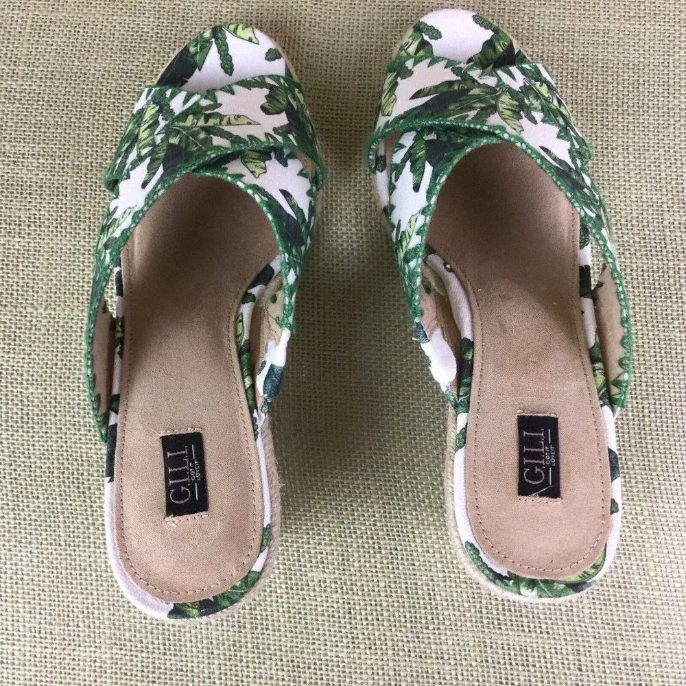G.I.L.I. Palm Leaves Slide On Wedge Sandals. Size: 8.5 White - Image 8