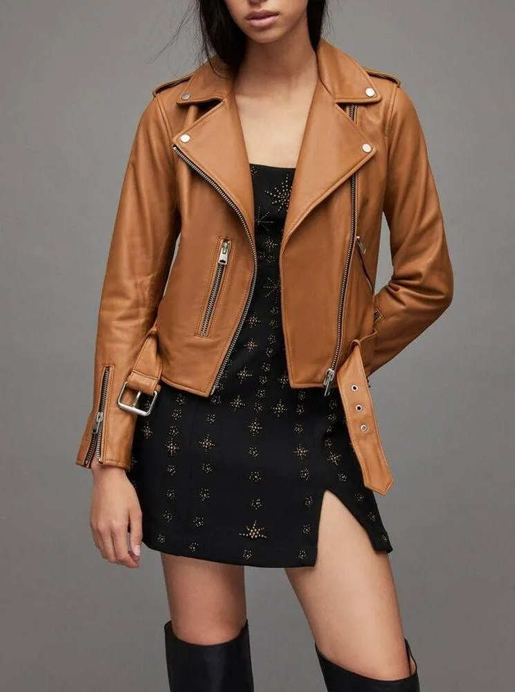 All Saints Balfern Leather Jacket Women US00 Moto Tan Camel Mustard - Image 3