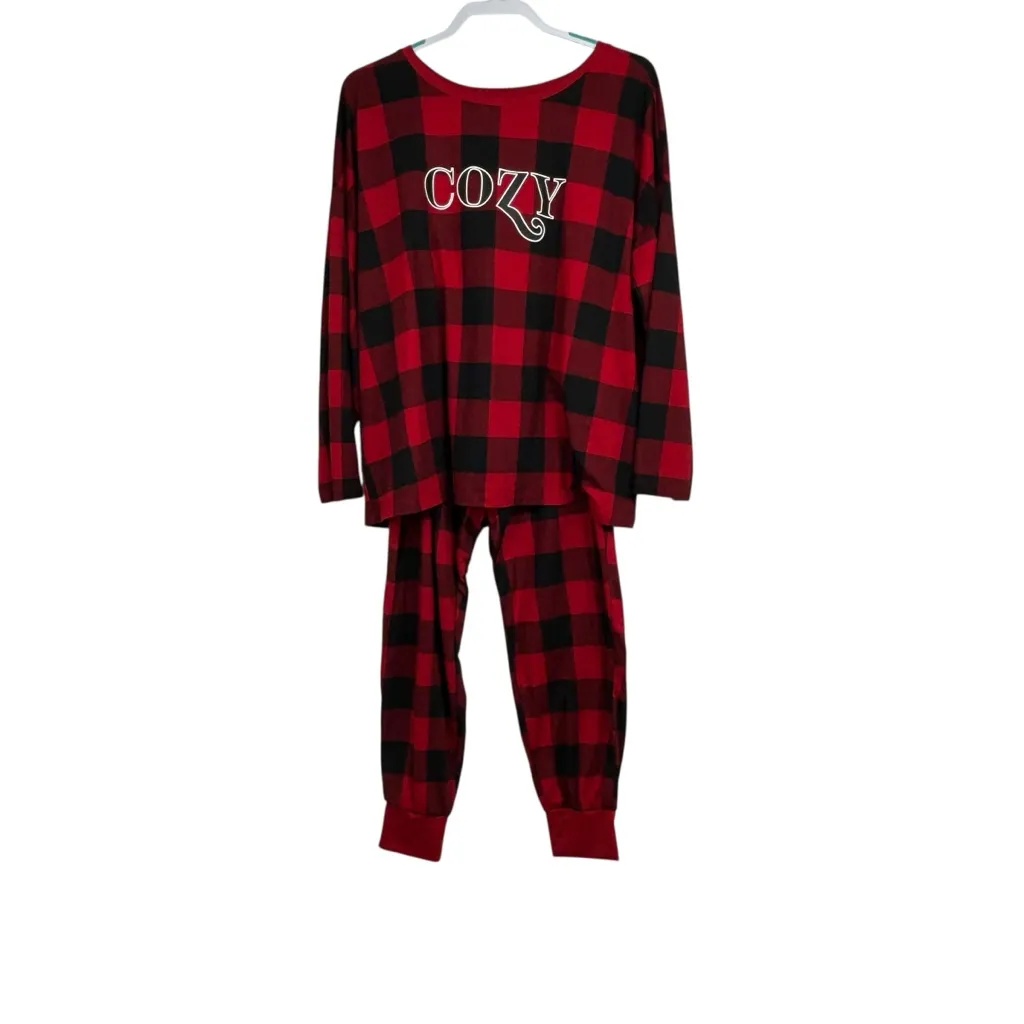Joyspun Women’s Buffalo Plaid “COZY” Pajama Set – Red/Black Check – Size XL Black - Image 2