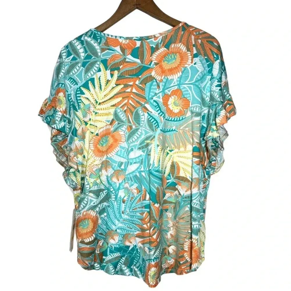 NWT RUBY RD Tropical Floral Short Sleeve Blouse Flutter Sleeve Split Neck Top Orange Size M - Image 6