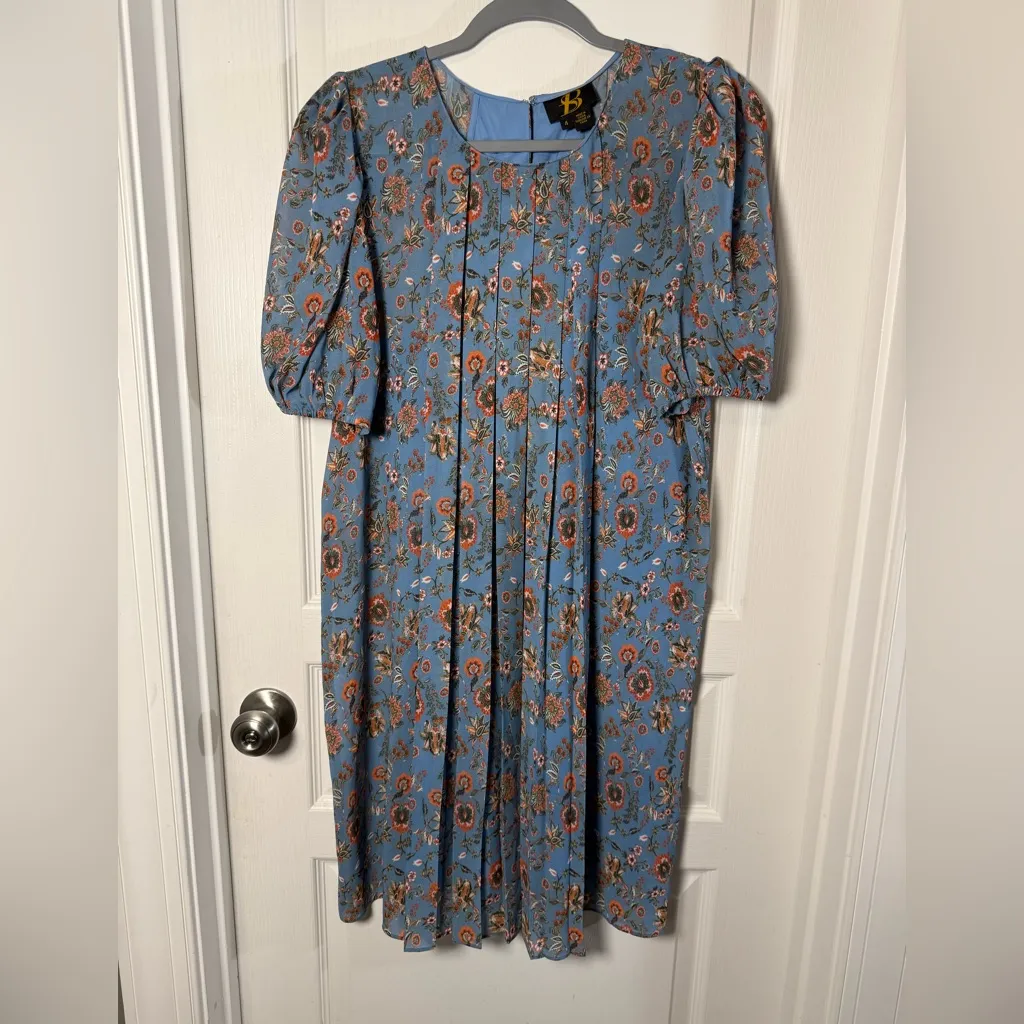 Anthropologie Satin + Babi Marina Blue Floral Puff Sleeve Summer Dress Sz 4 - Image 3