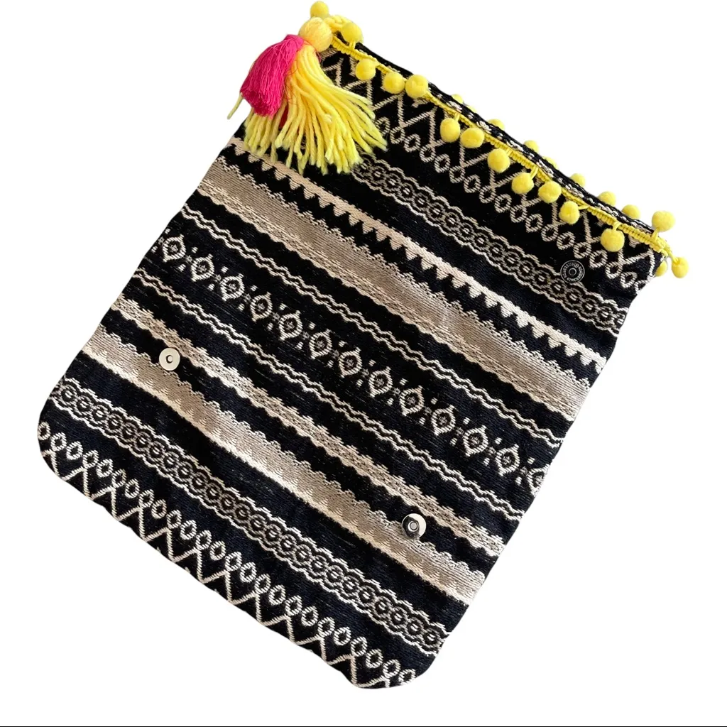 Just Fab Fold Over Bag Yellow‎ Pom Pom Tassel Trim Colorful Clutch Purse - Image 2