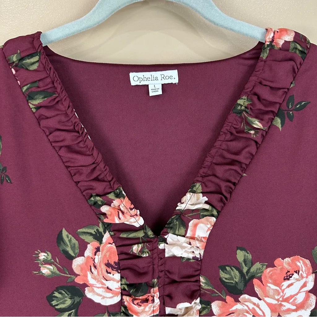 Ophelia Roe Ruffled Burgundy Floral Rose Print Drop Peplum Dress Large - Image 2