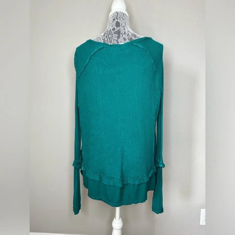Womens Long Sleeve Layered V Neck Waffle Thermal Top Size XS in Teal - Image 4