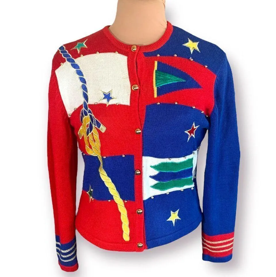 Vintage 90s Nautical Knit Cardigan Sweater Round Neck Bright Pattern Cropped Red Size M - Image 11