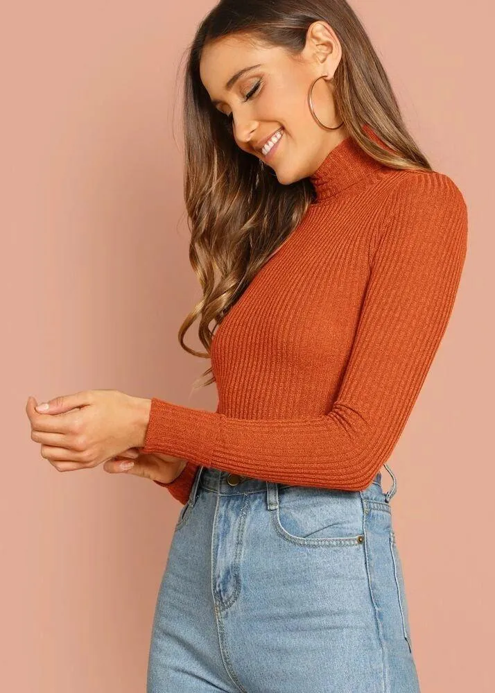 SheIn Orange Turtleneck Ribbed Sweater - Image 2