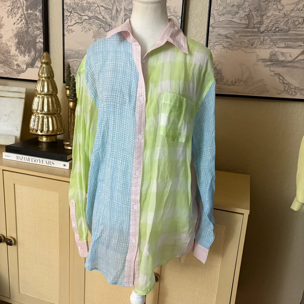 SOLID & STRIPED Women Oxford Gingham Pastel Button Down tunic top Size M NWOT - Image 3