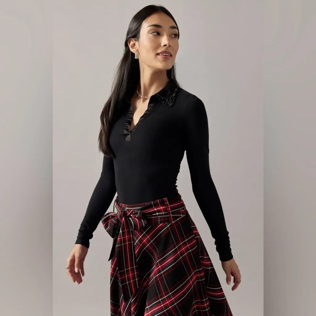 Francesca's Black Beaded Embellished Collar Bodysuit Long Sleeve Collared Ribbed Size XS - Image 11