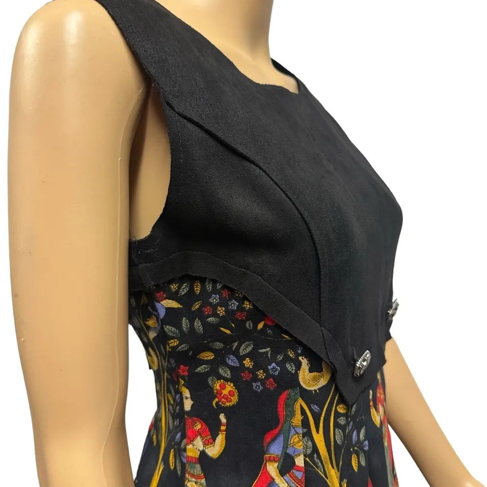 Vintage Suede Top Canvas Skirting Lined Sleeveless Zip Back Midi Dress Medium Black - Image 2