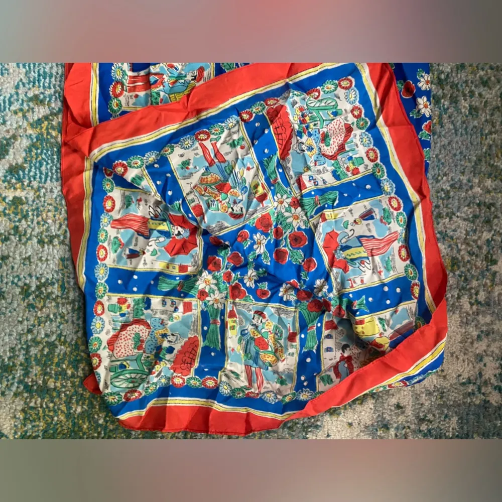 Vintage large silk screen ladies and gents floral square head neck scarf Red - Image 10