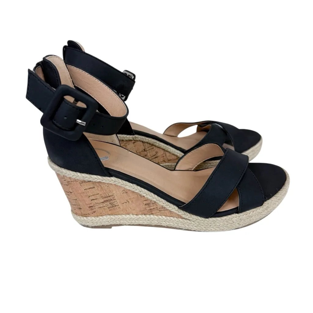 Journee Collection Telyn Espadrille Wedge Sandals Black Faux Leather Size 6.5 - Image 2