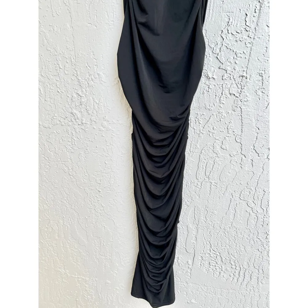 NWT Leau Sleeveless Drape Ruched Mock Neck Rosette Maxi Dress Black Women's XS - Image 2