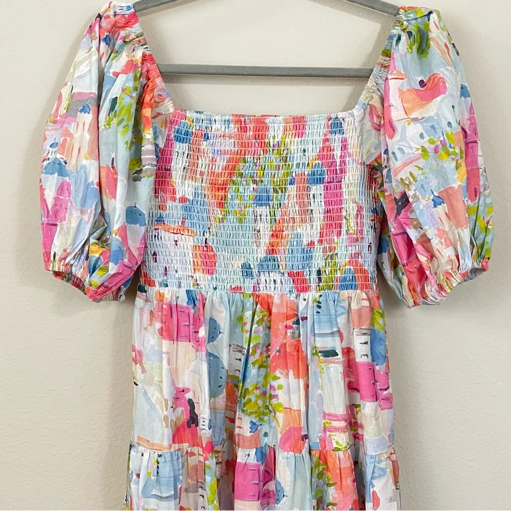 PINCH Jetset Motif Smocked Puff Sleeve‎ Midi Dress Size Large Blue - Image 4