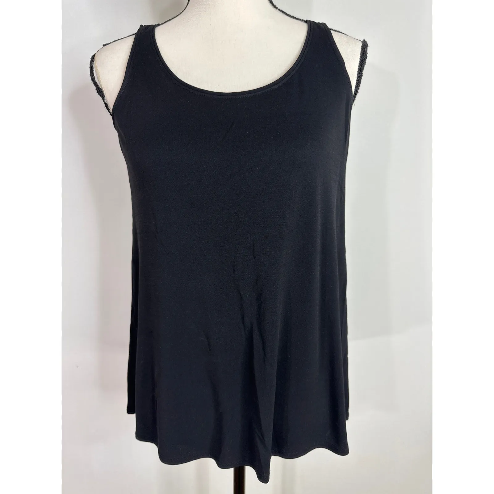Eileen Fisher Black 100% Silk Georgette Crepe Ballet Neck Long Tank Size PP - Image 2