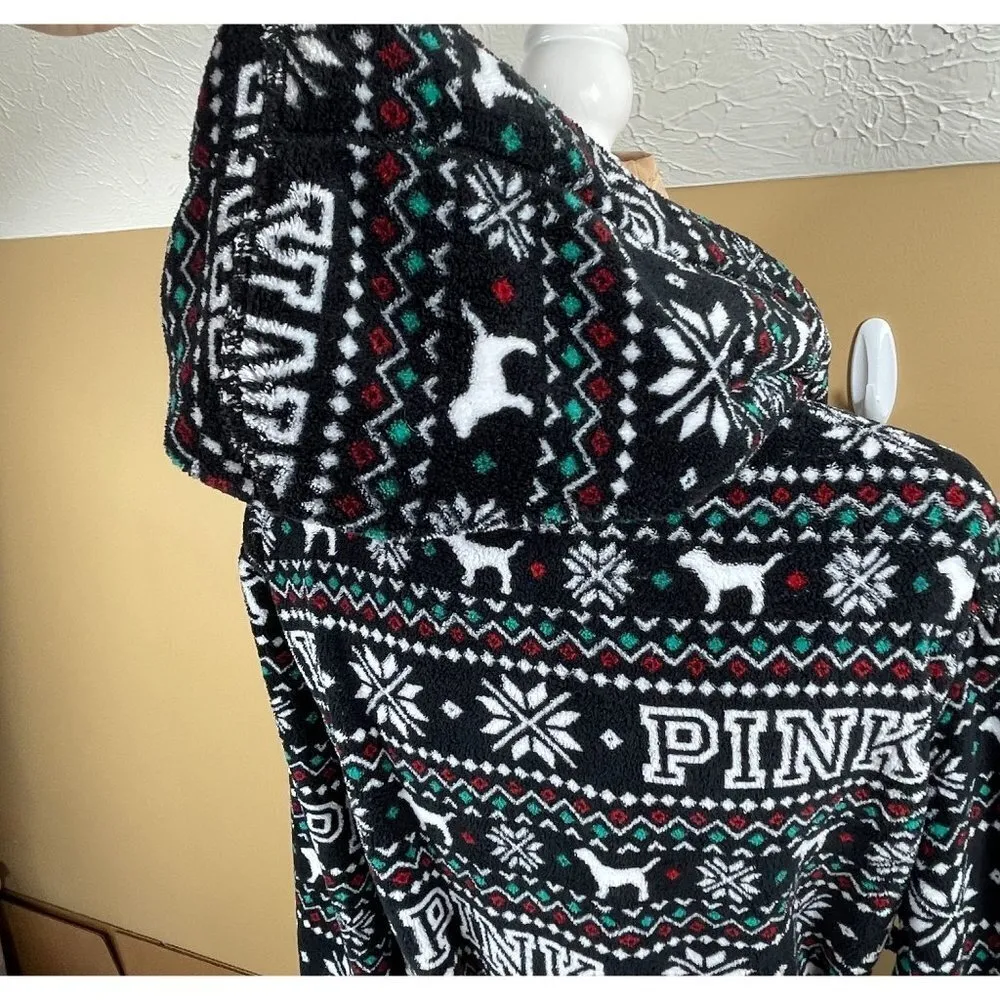 Victoria Secret PINK Reversible Fleece Hooded Belted Robe Black White Size XS - Image 5