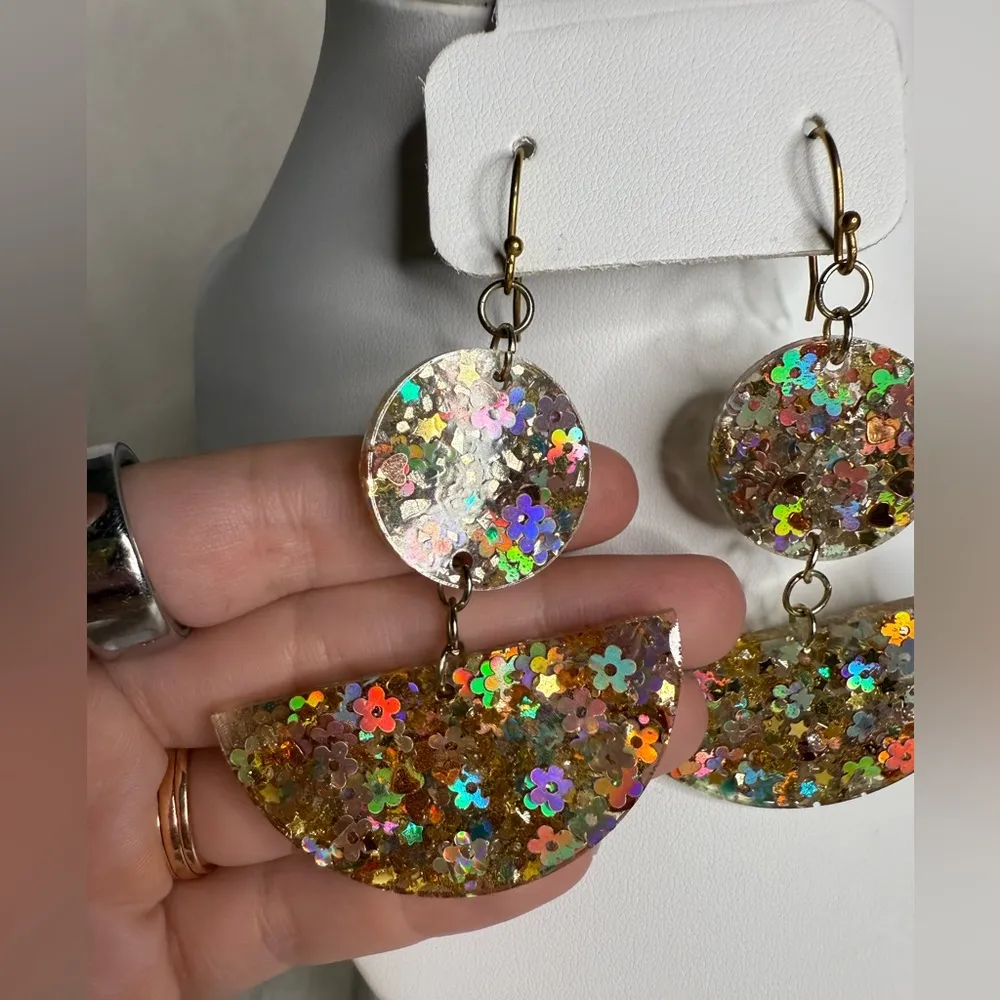 Geometric Holographic Confetti Gold Resin Earrings - Image 3