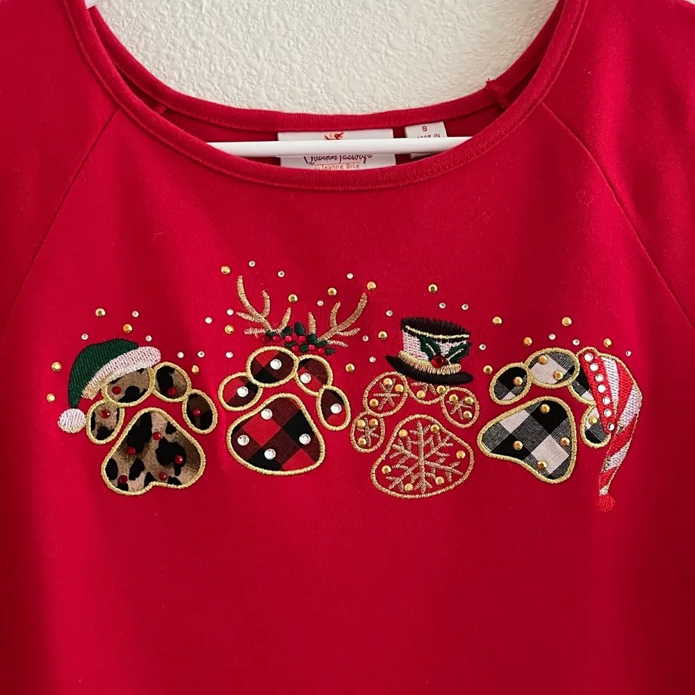 VTG Quacker Factory Red Christmas Holiday Paw Print Bling Long Sleeve Shirt S - Image 2
