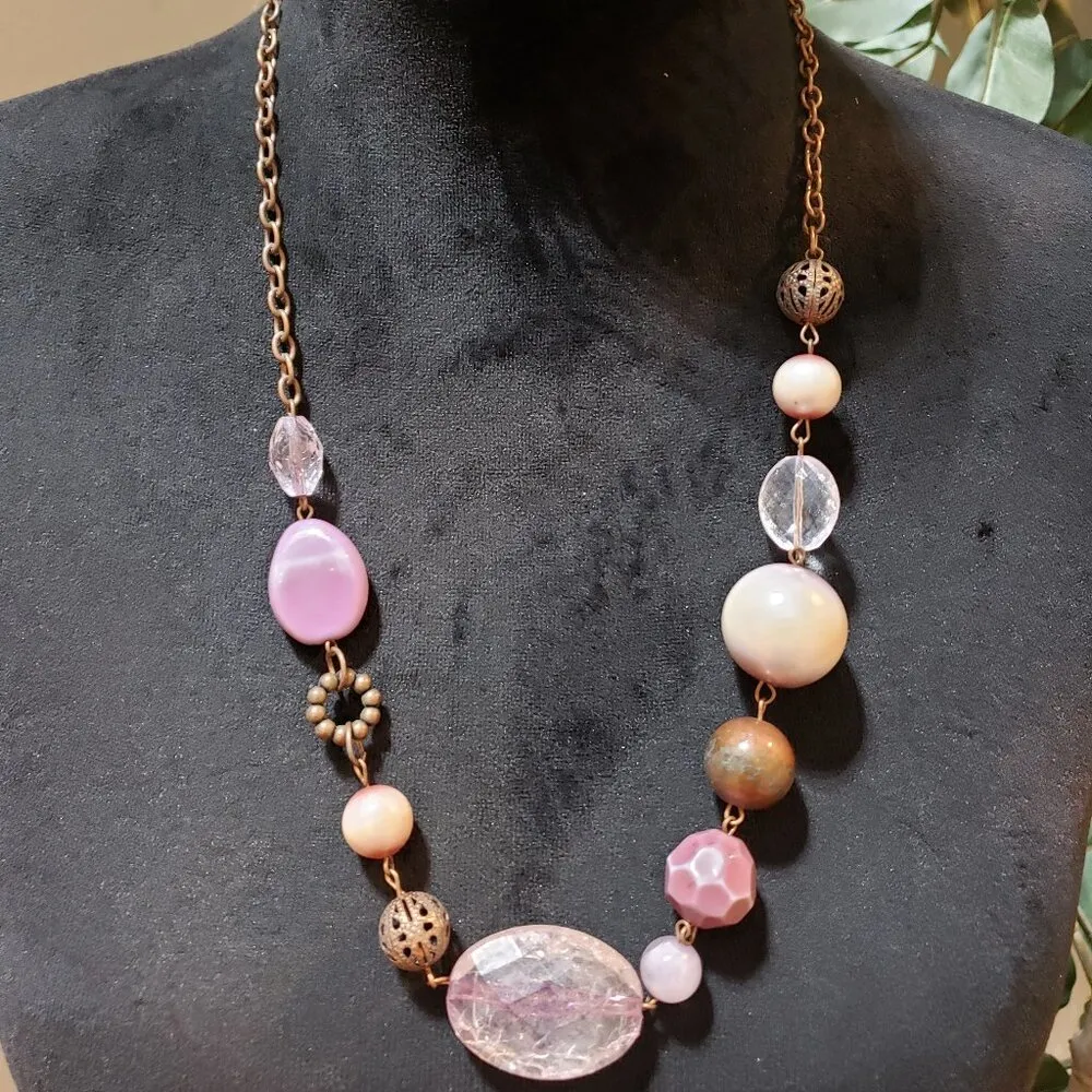 Womens Fashion Pink Rose Quartz Palm Wood Silk Necklace Jewelry w/ Lobster Clasp - Image 2