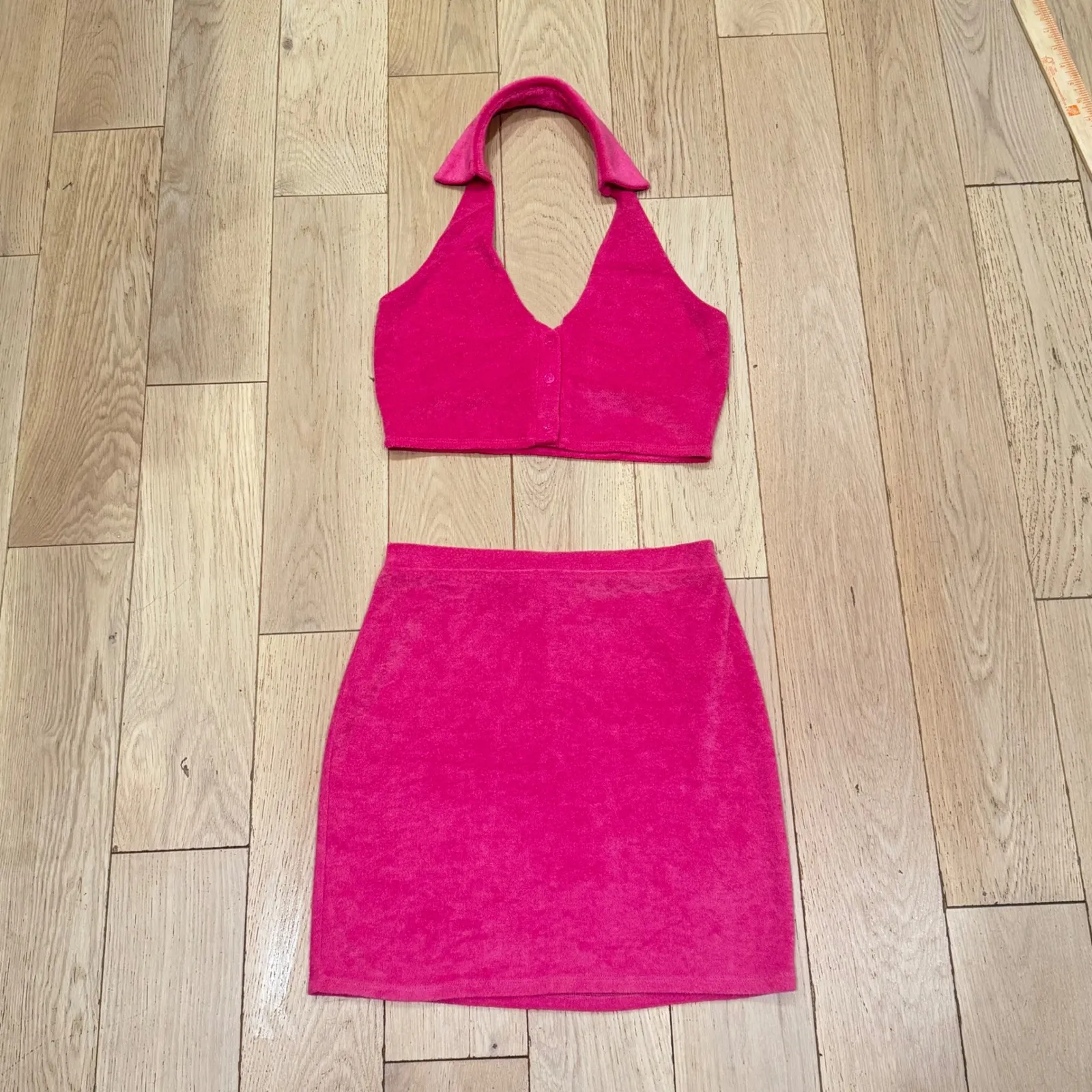 Lovers and Friends Pink Terry‎ Cloth Halter Top Miley Mini Skirt Set, Size S - Image 2