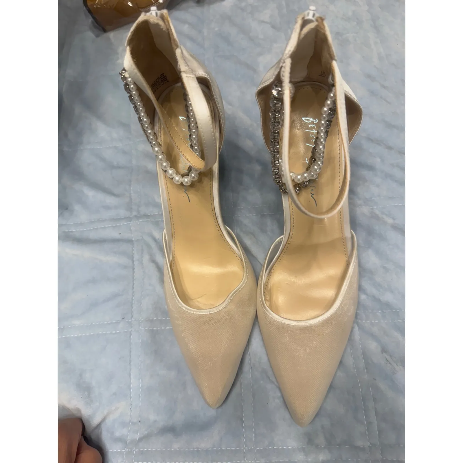 Betsey Johnson Ivory Rhinestone Pearl Ankle Strap Pointed Toe Heels - Image 3