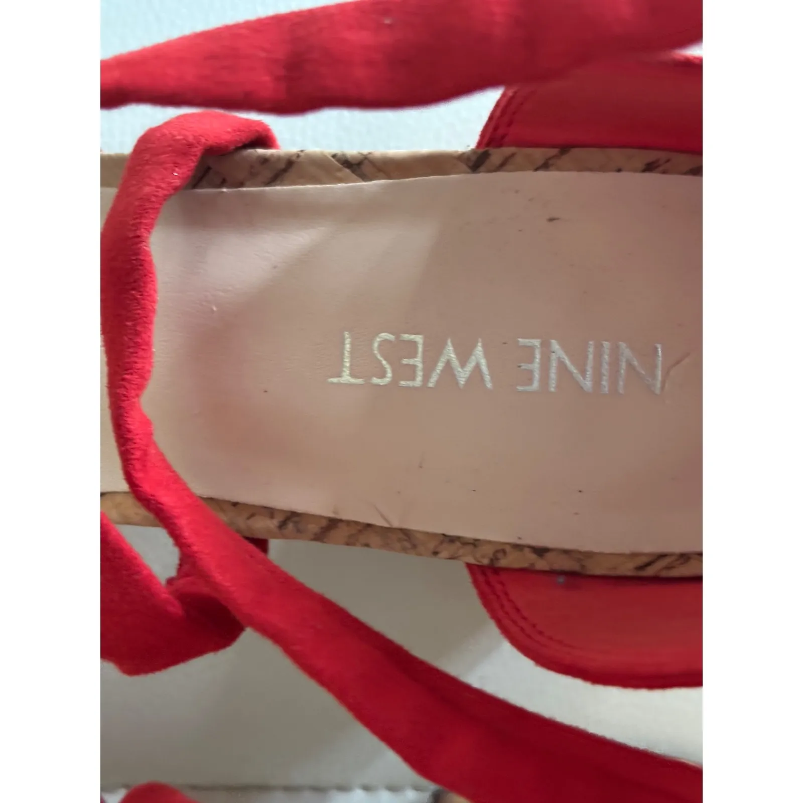 Nine West Red Suede Lace Up Cork Block Heel Sandals Women's Size 7.5 - Image 7