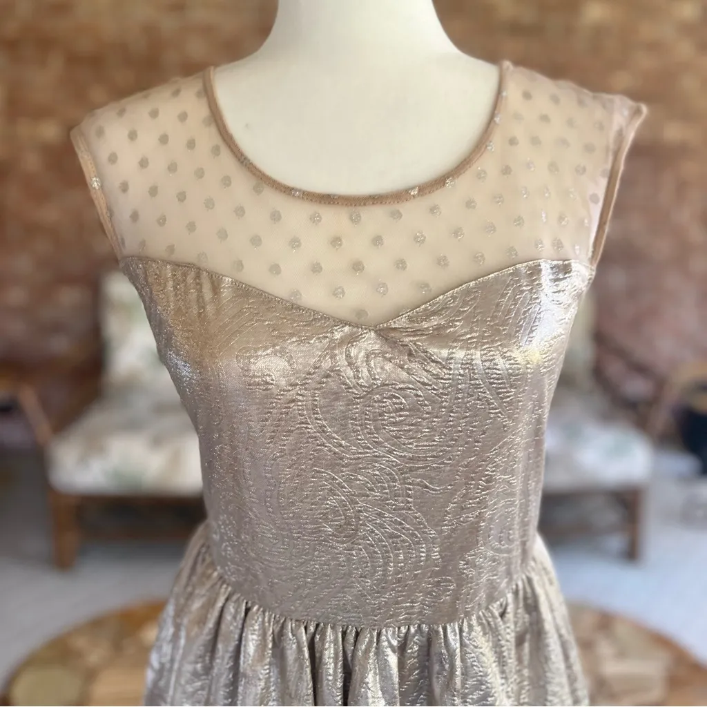 One Clothing Gold Metallic Mesh Illusion Fit and Flare Mini Dress M (jrs) - Image 3