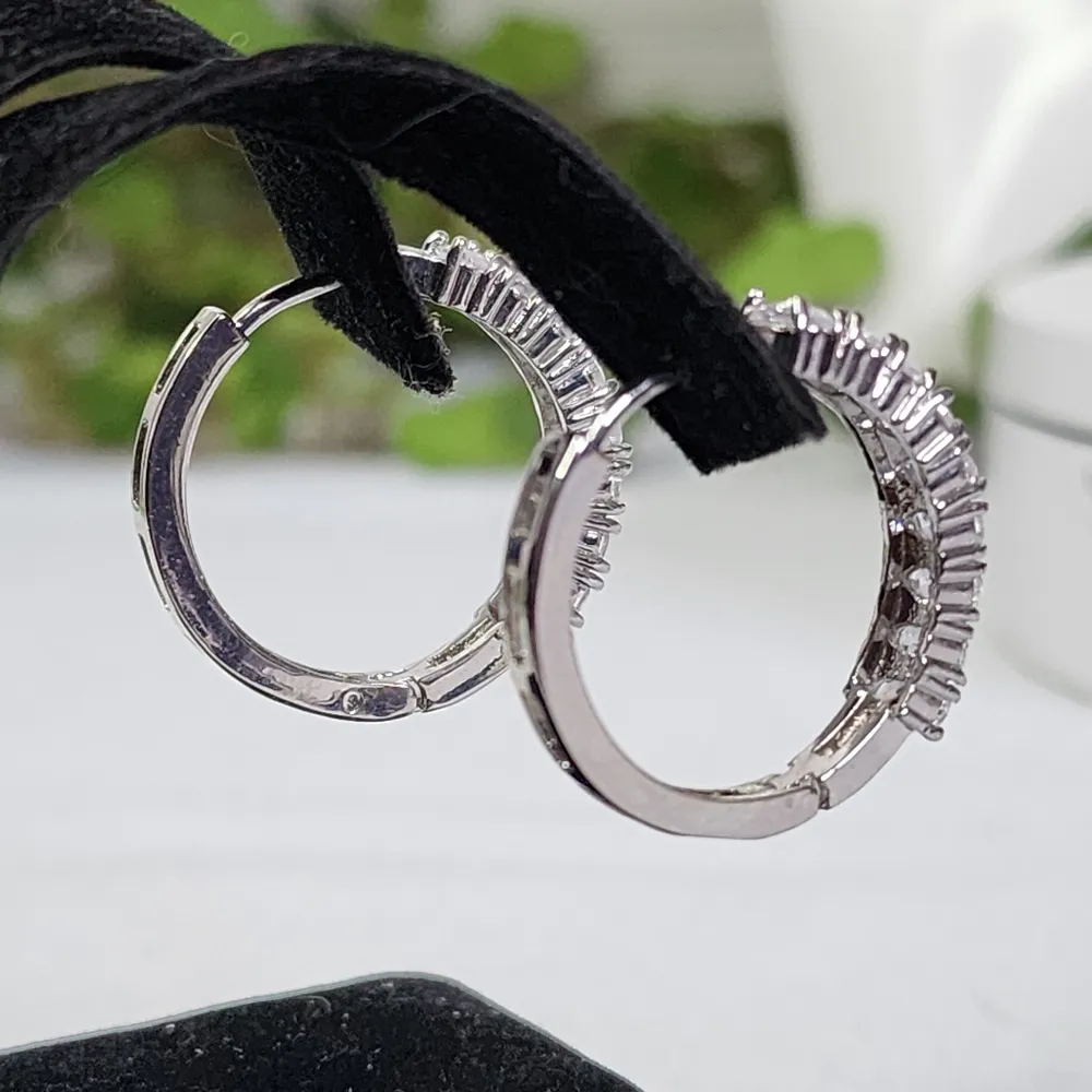 Silver with Crystal Stones Large Huggie Hoop Earrings New - Image 4