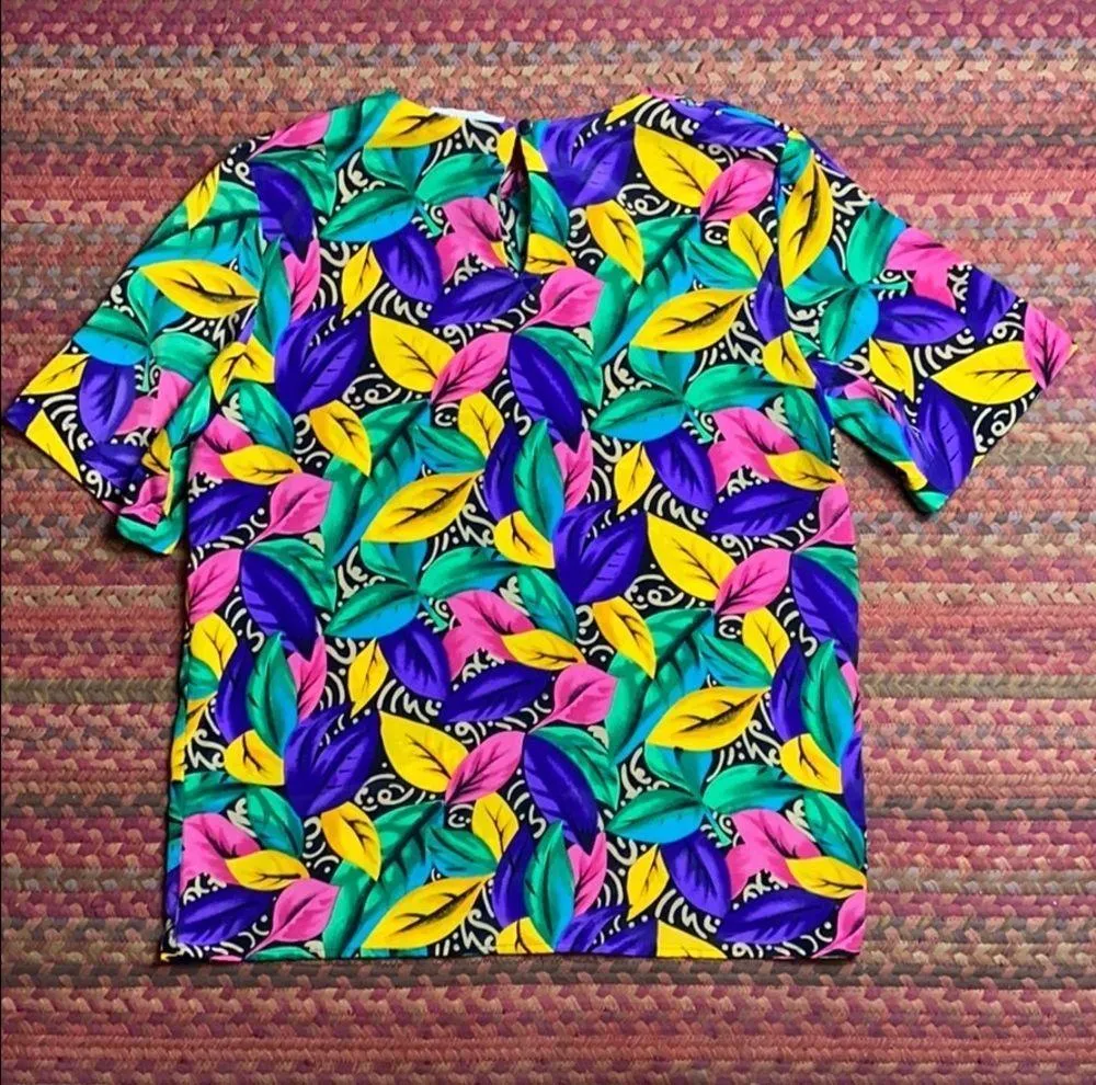 VINTAGE VIBRANT FUNKY ABSTRACT LEAF PRINT BLOUSE Purple - Image 5