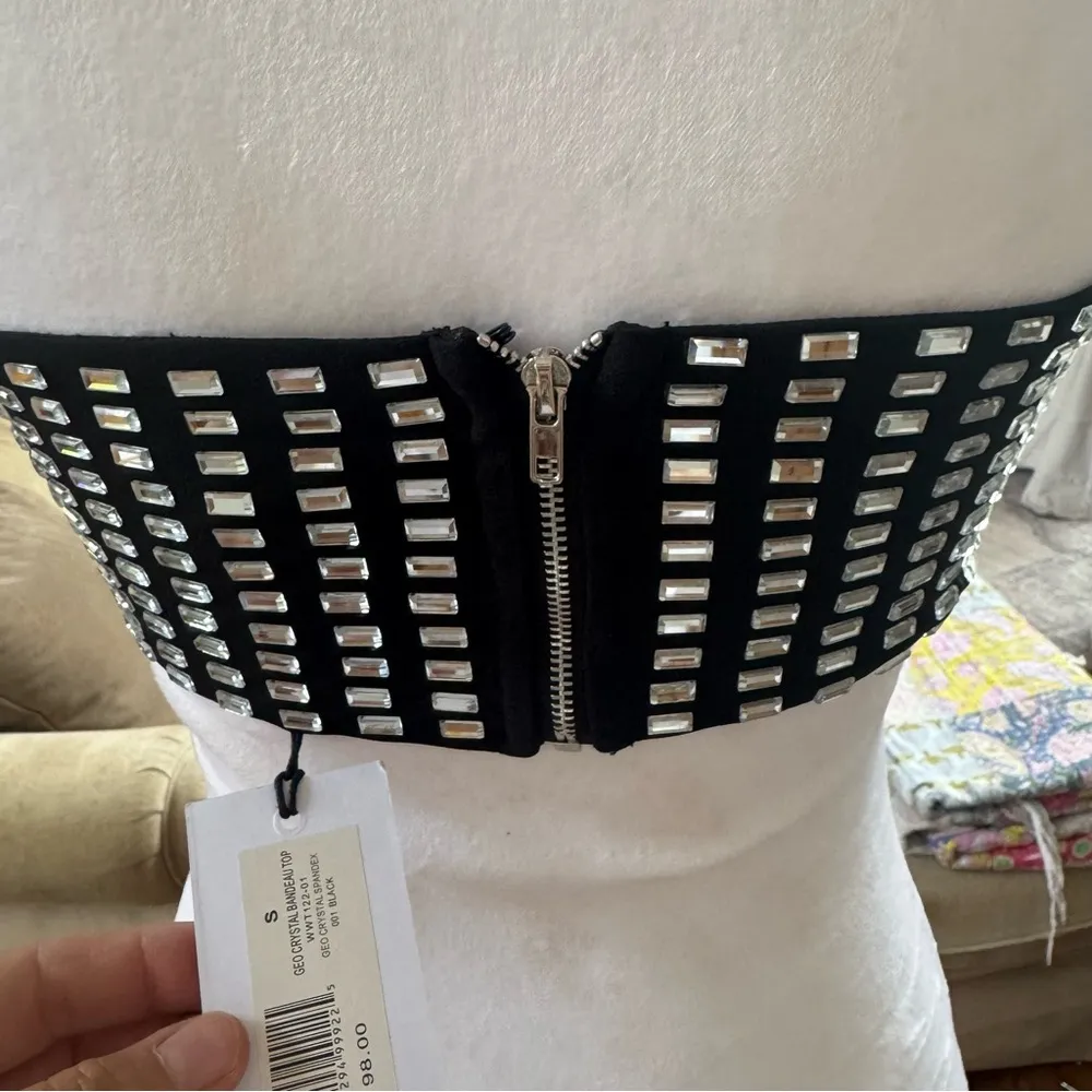 WeWoreWhat black crystal spandex bandeau top cropped strapless party - Image 3